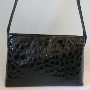 *NWD Womens Due Fratelli Black Croc Embossed Patent Leather Satchel Handbag